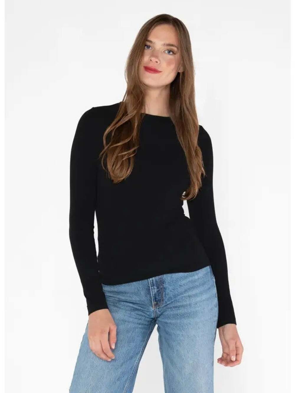 NWT C'est Moi Bamboo Crew Neck Top Black Long Sleeve One Size Soft Layering Tee